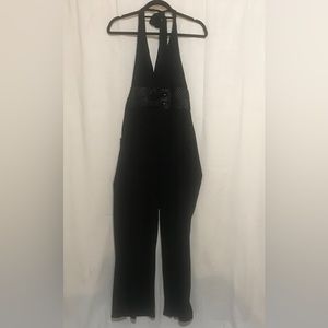 Black wide leg halter top jumpsuit, size 16 Plus, Empire waist woven belt design